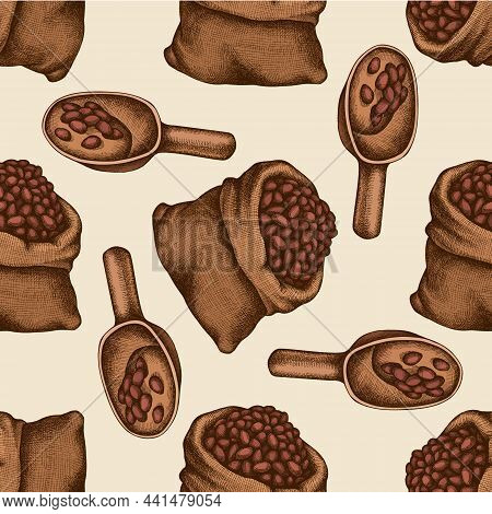 Seamless Pattern With Hand Drawn Colored Cocoa Beans Stock Illustration