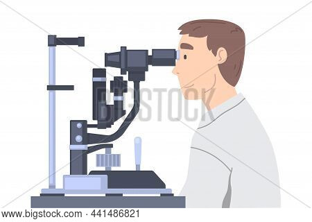Ophthalmology And Eye Examination With Man Health Care Professional Screening Patient On Slit Lamp V