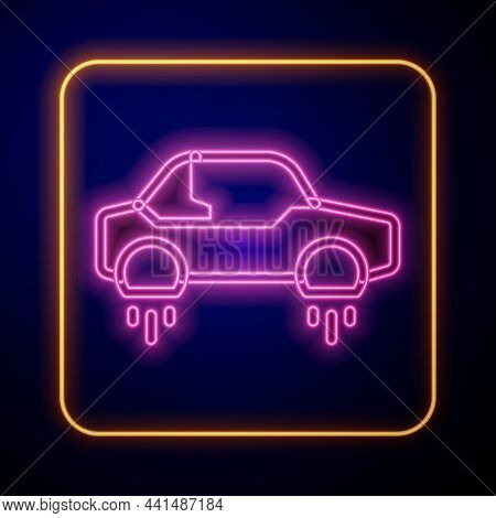 Glowing Neon Fantastic Flying Car Icon Isolated On Black Background. Hover Car Future Technology Fut