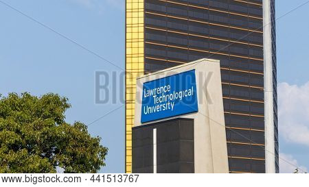 SOUTHFIELD, MI, USA - JULY 18, 2021: Sign board of Lawrence Technological university at the campus entrance.