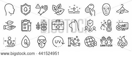 Set Of Healthcare Icons, Such As Face Biometrics, Uv Protection, Clean Skin Icons. Pets Care, Medica