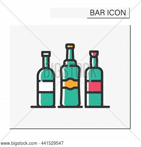 Alcohol Bottles Color Icon. Party Drinks. Restaurant, Night Club, Bar Menu. Wine, Whiskey, Tequila O