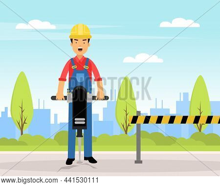 Man Builder Character In Yellow Hard Hat With Rock Drill At Construction Site Engaged In Road Work V