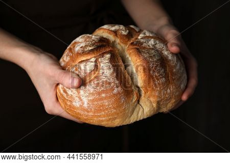 Woman Holding Loaf Of Tasty Wheat Sodawater Bread On Dark Background, Closeup