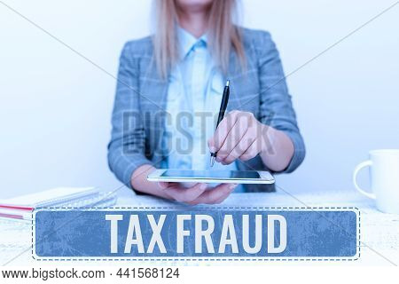 Hand Writing Sign Tax Fraud. Business Approach Entails Cheating On A Tax Return In An Attempt To Avo