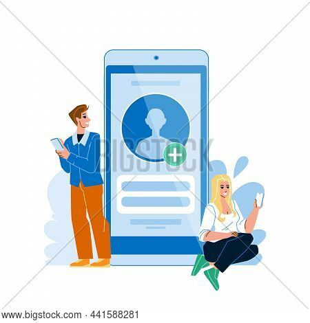Boy And Girl Create Account In Social Media Vector. Young Man And Woman Using Smartphone And Create 