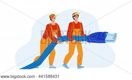 Network Lan Support Repairmen With Cable Vector. Network Lan Support Service Men Fixing And Connecti