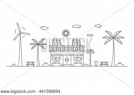 Urban Landscape With Residential Building Drawn By Contour Lines On A White Background. Editable Str