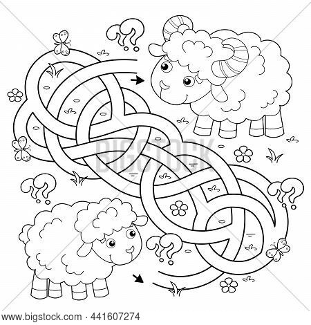 Maze Or Labyrinth Game. Puzzle. Tangled Road. Coloring Page Outline Of Cartoon Sheep With Little Lam