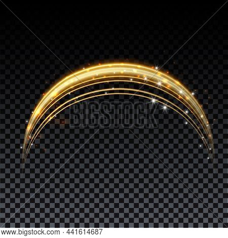 Gold Magic Arc. Abstract Magic Light Effect. Luminous Neon Lines With Flying Lights.