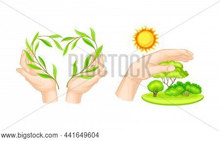 Human Hands Protecting Hature. Environmental Protection, Ecology Concept Vector Illustration I