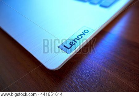 Ryazan, Russia - October 13, 2021: Lenovo Logo On A Laptop Close Up