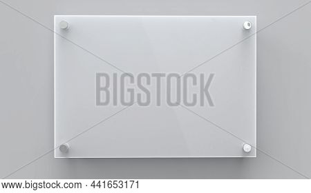 Transparent Wide Glass Nameplate On Spacer Metal Holders. Clear Printing Board For Branding. Acrylic