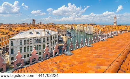 Grand Canal And Rooftops Of Venicel. View From Rooftop Lookout Terrace Of The Fondaco Dei Tedeschi. 
