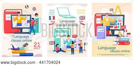 Online Internet Language Courses Flat Vector Illustration. Foreign Speech Study At Home Using Comput