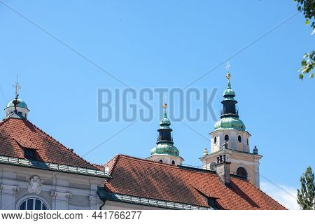 Selective Blur On The Clocktower Of The Ljubljana Cathedral With Its Typical Austro Hungarian Baroqu