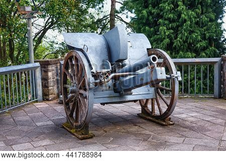 Bergamo, Italy - May 22, 2019: Old Cannon Weapon In The Park Of The Fortress Of Bergamo (rocca Di Be