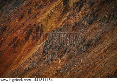 Scenic Nature Background Of Multicolor Mountain. Colorful Nature Backdrop Of Motley Rocks. Multicolo