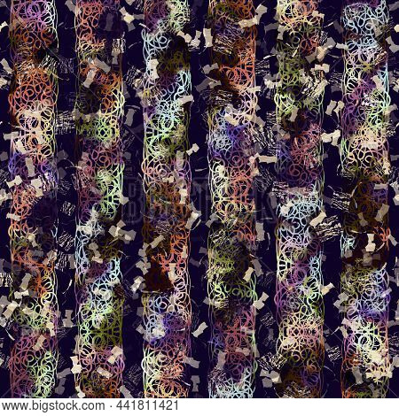 Exotic Multicoloured Boho Stripe Line Print. Seamless Autumnal Dark Ground Detailed Repeat Pattern. 