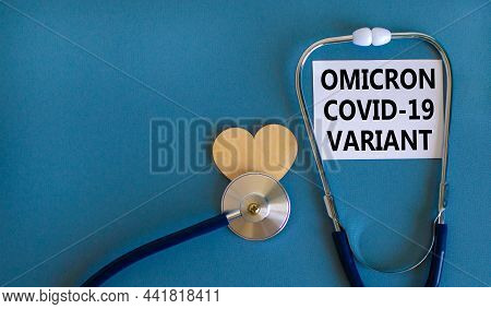 New Covid-19 Omicron Variant Strain Symbol. White Card, Words Omicron Covid-19 Variant, Stethoscope,