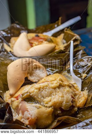 Nacatamal Served In Banana Leaf, Close Up Of Nicaraguan Nacatamal, Typical Nicaraguan Food El Nacata