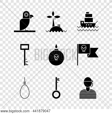 Set Pirate Parrot, Tropical Island In Ocean, Ship, Gallows Rope Loop Hanging, Key, Sailor Captain, A