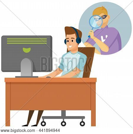 Intruder Looking Through Magnifying Glass. Cunning Guy Holding Loupe, Looking For Something In Lapto