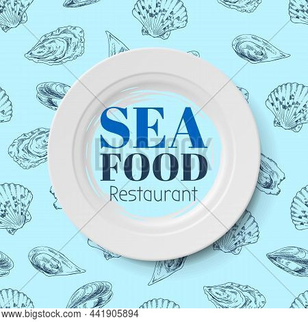 Composition Of Fish And Sea Food On Blue Background. Seafood Shop Or Restaurant, Template For Labels