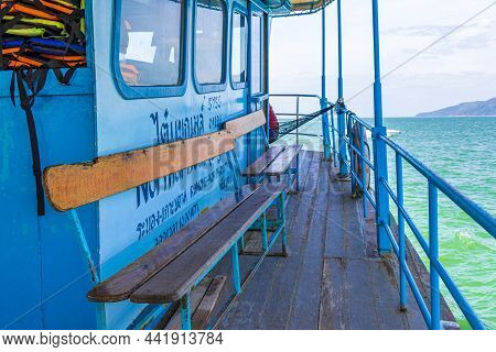 Ferry Boat At Tai Kak Pier Tropical Sea Ranong Thailand.