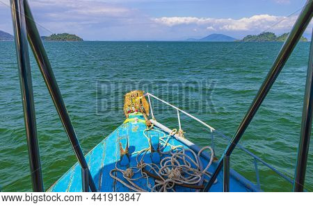 Ferry Boat At Tropical Sea Landscape Panorama In Ranong Thailand.