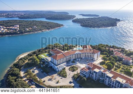 Pula, Croatia -  November 2, 2021 - Bays And Islands In Pula, In Foreground Modern Hotel Park Plaza,