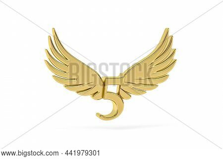 Gold Digit 5 - Three Dimensional Digit 5 With Angel Wings On White Background - 3d Render