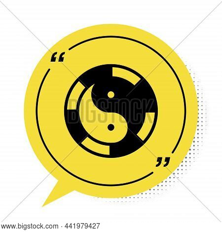 Black Yin Yang Symbol Of Harmony And Balance Icon Isolated On White Background. Yellow Speech Bubble