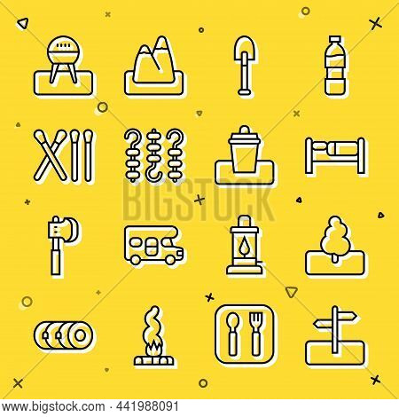 Set Line Road Traffic Sign, Tree, Bed, Shovel, Grilled Shish Kebab On Skewer, Match Stick, Barbecue 