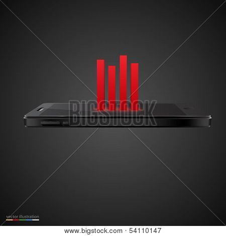 Smartphone with red chart on black background.