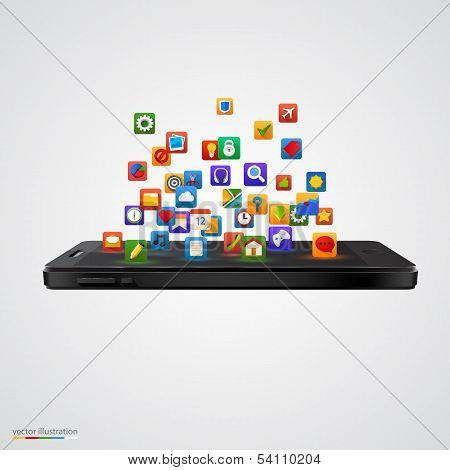 Smartphone with cloud of application icons.