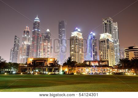 Beach Night Illumination Of The Luxury Hotel, Dubai, Uae