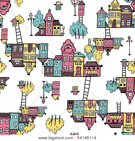 Seamless Pattern With Houses In Autumn Time.