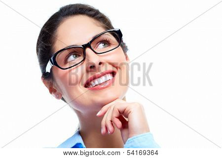 Beautiful thinking business woman isolated white background