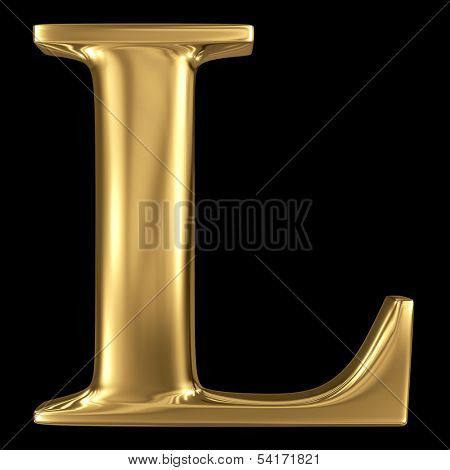 Golden shining metallic 3D symbol capital letter L - uppercase isolated on black