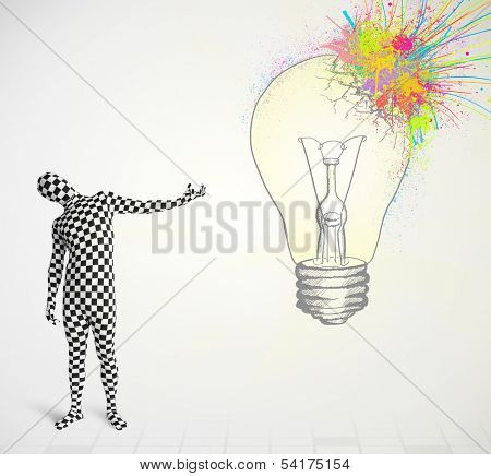 3d human character is body suit morphsuit looking at abstract colorful lightbulb