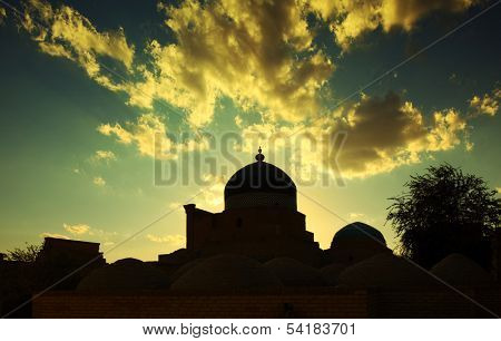 Ancient town of Itchan Kala at sunset. The city of Khiva, Uzbekistan