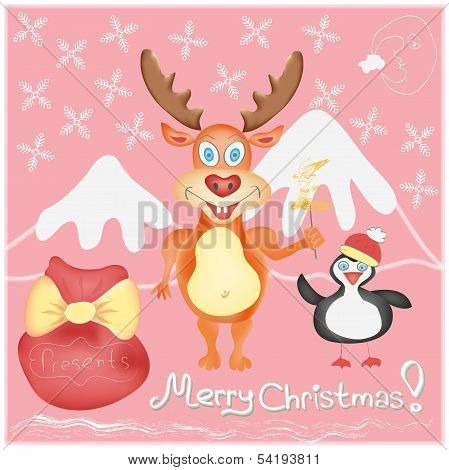 Merry Christmas Greeting Card With Deer And Penguin Cute Cartoon Characters With Snowflakes And Pres