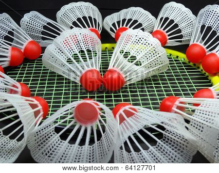 Red plastic shuttlecocks on badminton racket