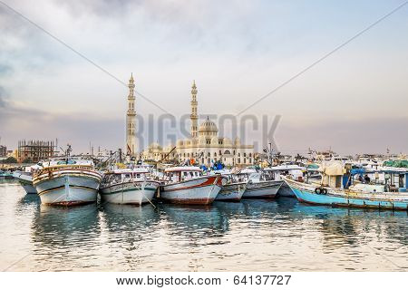 Fishing Boats At The Port Of Hurghada, Hurghada Marina At Sunset Against The Mosque, April 15, 2014,