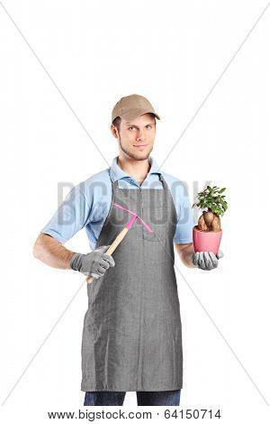 Male gardener holding a mattock and a plant isolated on white background