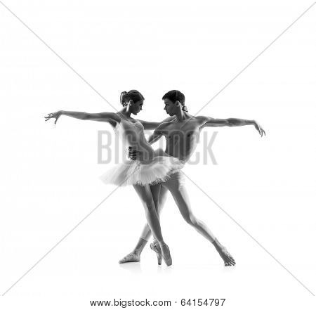 Couple of ballet dancers isolated on white. Black and white