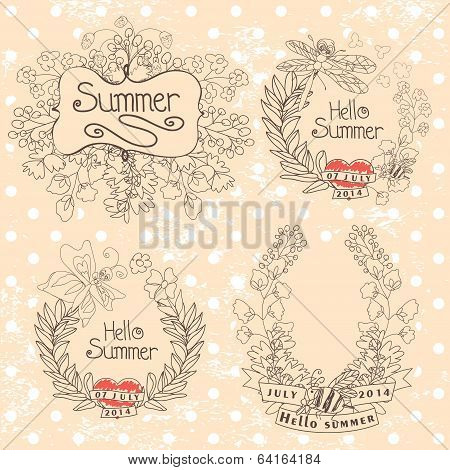 Stylish Vintage Floral Label With Butterflies,bees.hellow Summer!outline