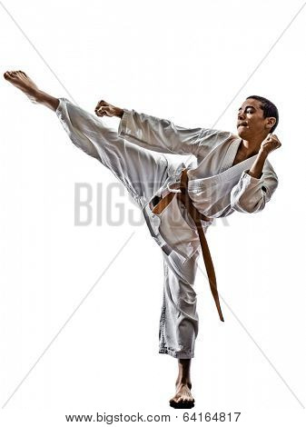 one karate kata training  teenagers kid  isolated on white background