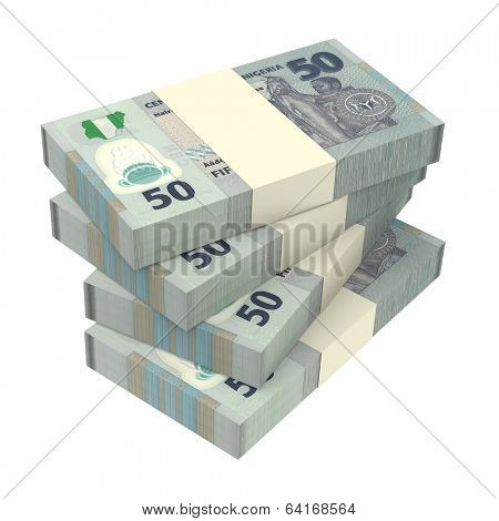 Nigerian nairas isolated on white background. Computer generated 3D photo rendering.